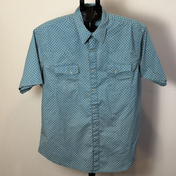 Wrangler Other - Wrangler Wrancher Shirt Mens XL Blue Geometric Pearl Snap‎ Western Short Sleeve
